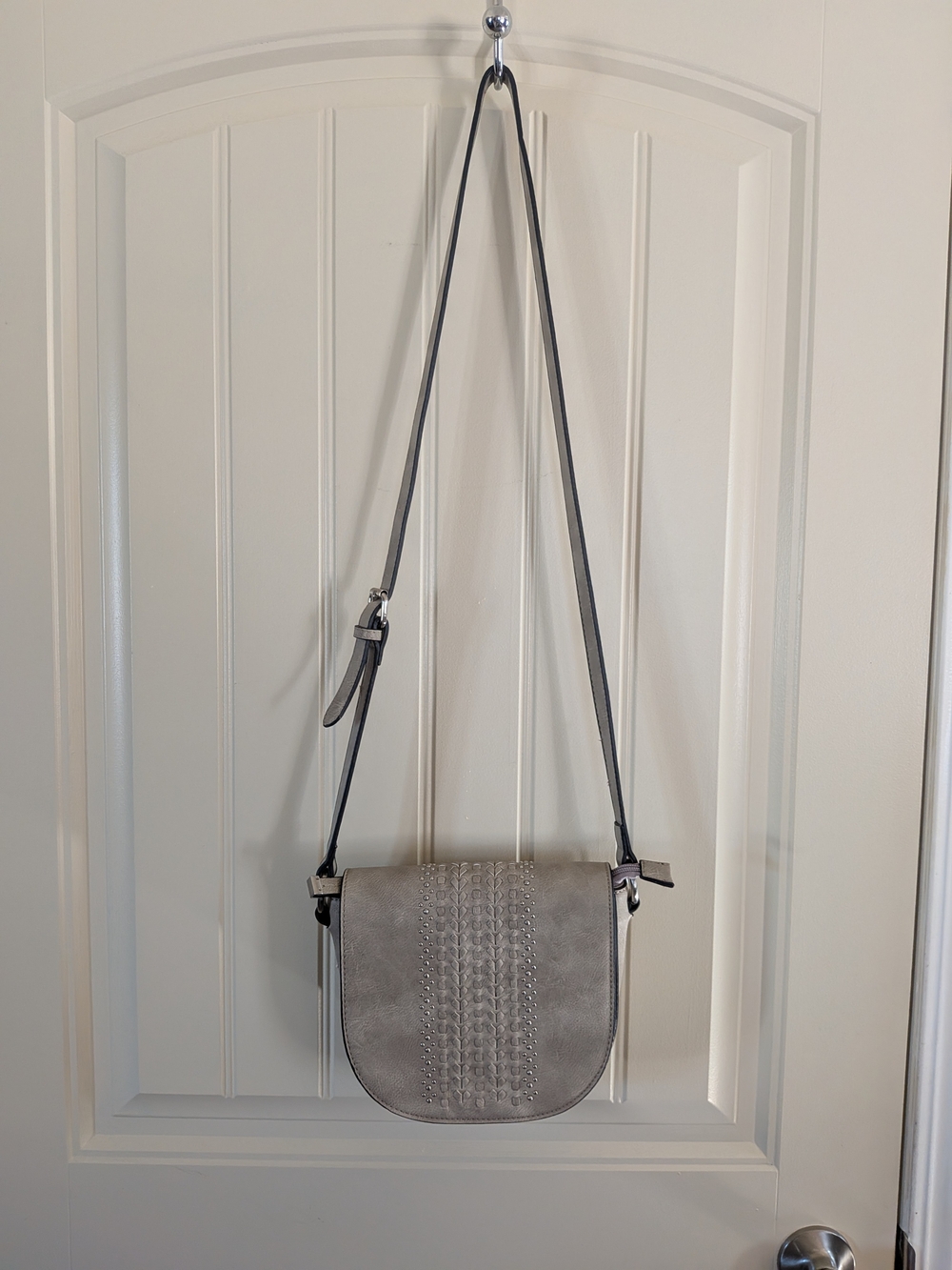Neutral Greige Crossbody Saddle Bag With Mini Studs - Nicole Miller